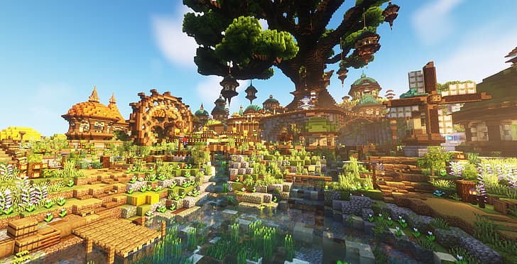 Minecraft, wioski, zrzut ekranu, drzewa, Tapety HD