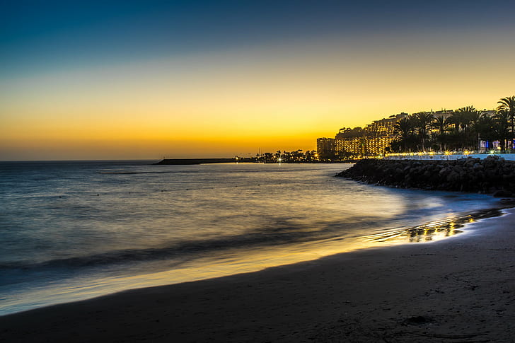 seashore during sunset, View, del Mar, beach, Gran Canaria, seashore, sunset, blue, buildings, canon fd, 35mm, clouds, europe, geotagged, landscape, long exposure, night, orange, photo, photography, pink, reflections, sea, sky, sony a7, sun, travel, Mogán, Canary Islands, Spain, dusk, HD wallpaper