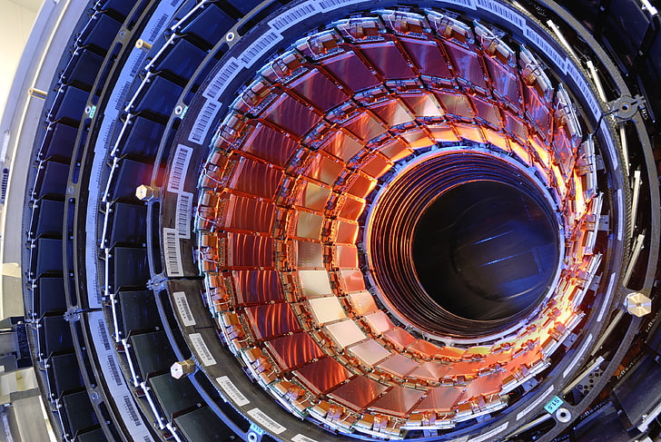 foto mesin biru dan oranye, hadron collider, akselerator, partikel, Wallpaper HD