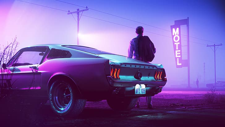 Retrowave, vaporwave, synthwave, Ford Mustang, Tapety HD