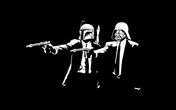 Boba Fett, helmet, black, Pulp Fiction (parody), Star Wars, Darth Vader, movies, minimalism, Pulp Fiction, simple background, artwork, gun, humor, dark, HD wallpaper