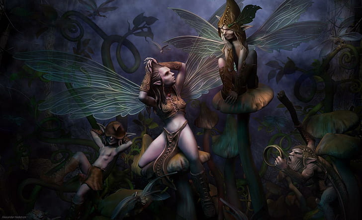 Elfs Night, brown and white fairy illustration, toadstalls, forest, fantasy, elfs, 3d and abstract, HD wallpaper