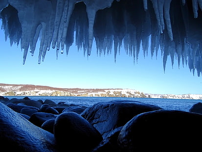 naturaleza, paisaje, agua, mar, hielo, carámbano, fusión, piedras, acantilado, Fondo de pantalla HD HD wallpaper