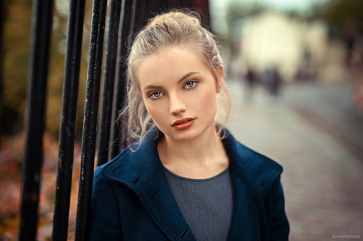 women, blonde, face, portrait, depth of field, women outdoors, blue coat, Lods Franck, HD wallpaper