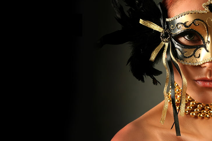 brown and black masquerade mask, look, girl, decoration, background, black, model, feathers, makeup, mask, neck, HD wallpaper