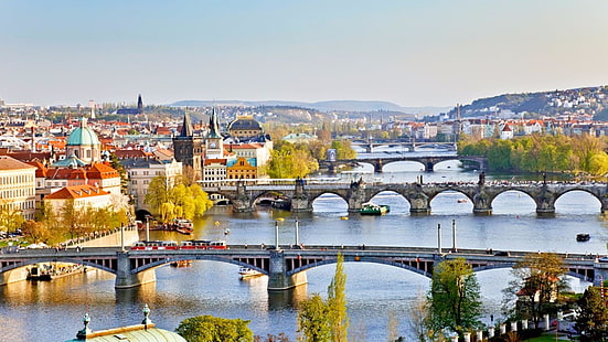 Praga, Europa, República Checa, puentes, río, Fondo de pantalla HD HD wallpaper