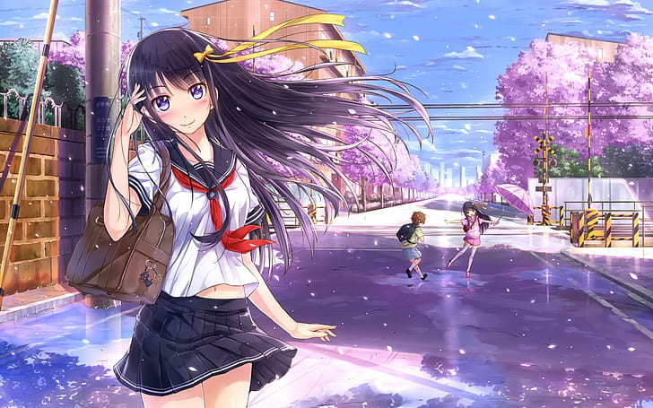 Lächeln Anime Mädchen, Kinder, Straße, Sakura, Lächeln, Anime, Mädchen, Kinder, Straße, Sakura, HD-Hintergrundbild