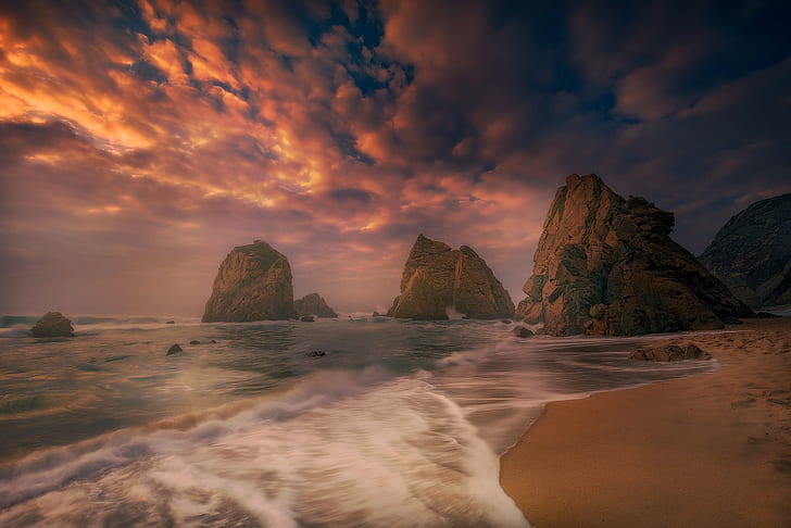 Sonnenuntergang, der Ozean, Felsen, Küste, Portugal, Atlantik, Atlantik, Sintra, Praia da Ursa, Ursa Beach, HD-Hintergrundbild