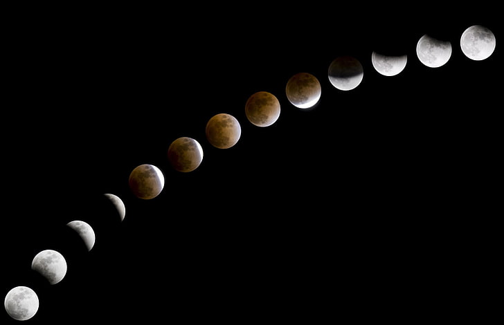 Moon, black background, sky, photography, lunar eclipses, eclipse, collage, HD wallpaper