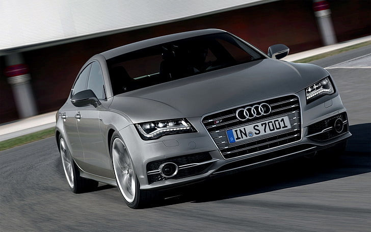 Audi, Machine, Logo, Grey, The hood, Sedan, Lights, the front, In Motion, HD wallpaper