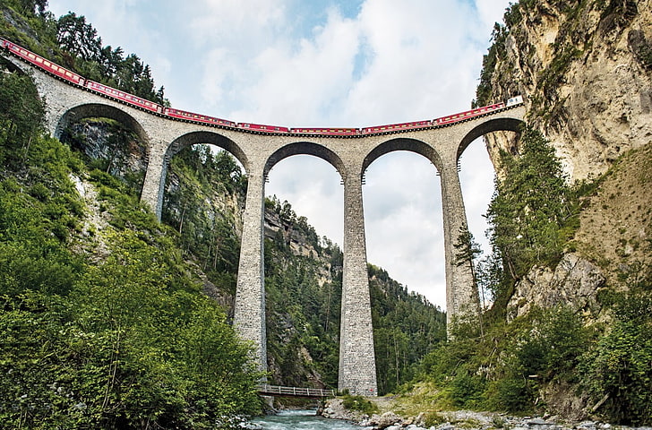brązowo-biały drewniany płot, przyroda, las, most, pociąg, Szwajcaria, Tapety HD