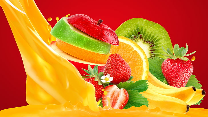 frutta, cibi naturali, frutta, mela, cibo, succo di frutta, fragola, fragole, 5k, 5k uhd, Sfondo HD