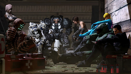 video game characters, game characters gathering inside room digital wallpaper, video games, StarCraft, Halo, Dead Space, Samus Aran, Claire Farron, fan art, Mass Effect, collage, Master Chief, bodysuit, James Raynor, Isaac Clarke, John Shepard, Metroid, Jim Raynor, Commander Shepard, digital art, artwork, render, HD wallpaper HD wallpaper