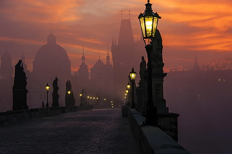 sylwetka latarni pocztowych, most, Praga, pejzaż miejski, latarnia, ulica, architektura, Tapety HD HD wallpaper