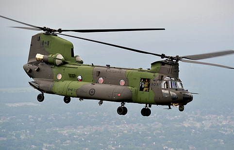 серый и зеленый самолет, полёт, вертолет, транспорт, военный, канадский, CH-47F, Chinook, HD обои HD wallpaper