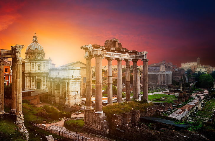 tramonto, la città, Roma, Italia, rovine, il Vaticano, Foro Romano a Roma, Sfondo HD