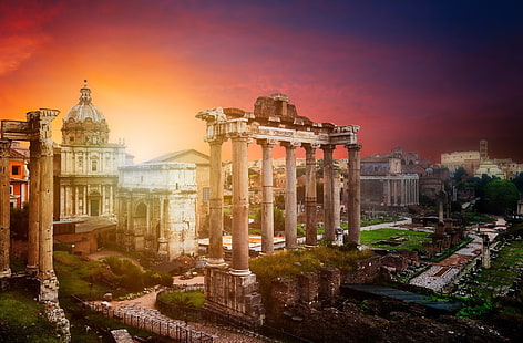 pôr do sol, a cidade, Roma, Itália, ruínas, Vaticano, Fórum Romano em Roma, HD papel de parede HD wallpaper