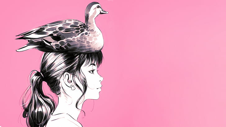 gadis anime, bebek di kepala, tampilan profil, semi realistis, Anime, Wallpaper HD