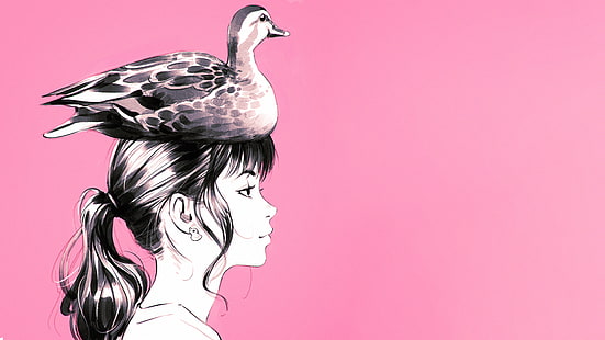 animacyjna dziewczyna, kaczka na głowie, widok profilu, półrealistyczny, anime, Tapety HD HD wallpaper
