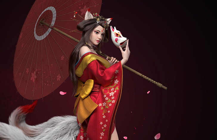 the dark background, umbrella, mask, geisha, tail, kimono, bow, ears, art, cherry blossoms, Wing, kitsune, Fox girl, HD wallpaper
