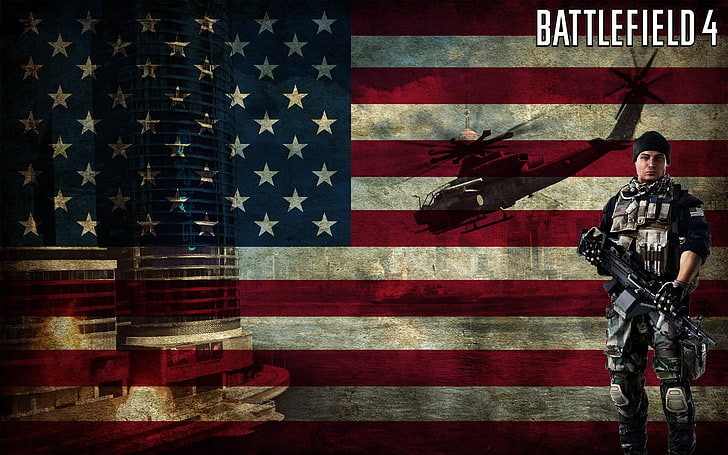 Papel de parede digital de Battlefield 4, helicópteros, bandeira americana, EUA, Battlefield 4, bandeira, videogames, HD papel de parede