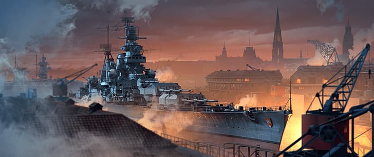 World of Warships, Odin (World of Warships), Battleship, Dry dock, turrets, armor, Naval guns, HD wallpaper