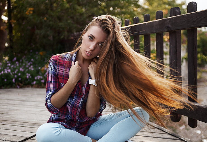 women, model, sitting, jeans, wooden surface, long hair, Kirill Averyanov, plaid shirt, HD wallpaper