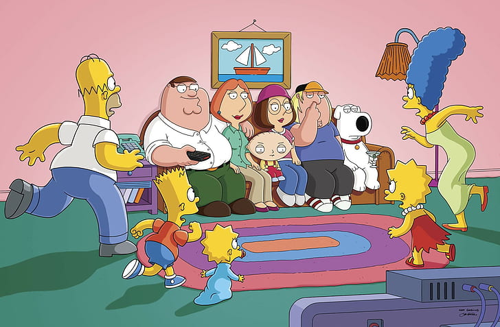 Les Simpson, la famille Simpson, Les Simpsons, Family Guy, Homer, Bart, Maggie, Lisa, Marge, Peter, Lois, Stewie, Meg, Chris, Brian, La série animée, canapé, peinture, Matt Groening, Fond d'écran HD