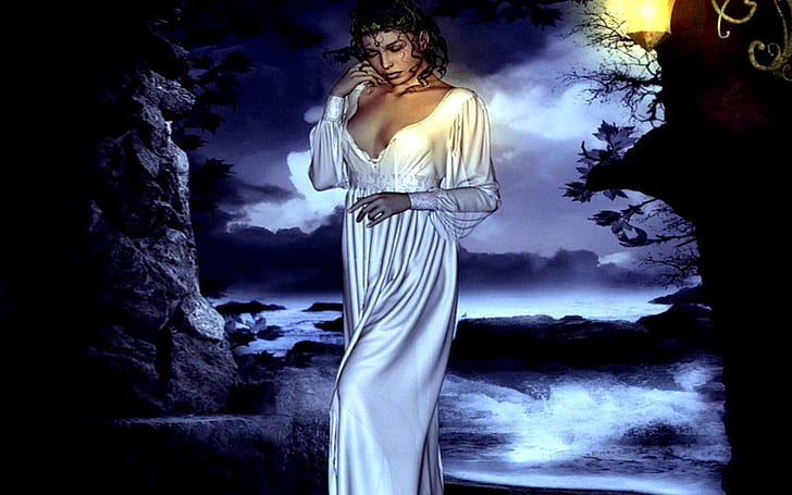 Kadın hd, kadın beyaz kepçe boyun uzun kollu elbise, fantezi, kadın, HD masaüstü duvar kağıdı