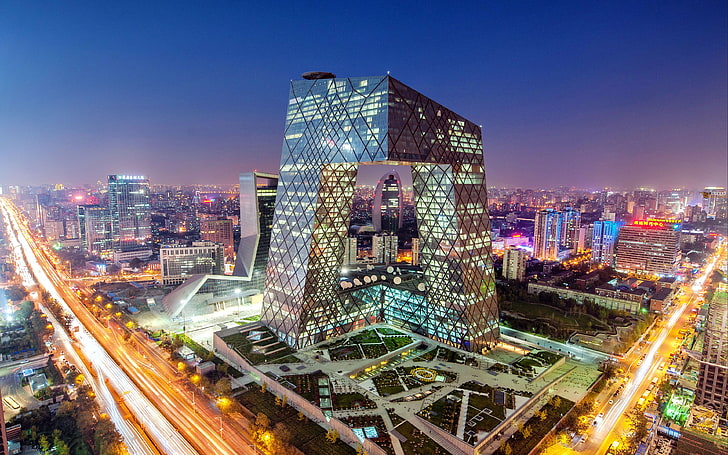 Illuminazione della costruzione della sede centrale del CCTV della Cina Pechino, Sfondo HD