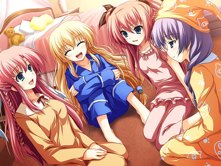 аниме момичета, розова пижама, Akatsuki no Goei, визуален роман, Kurayashiki Tae, Nikaidou Aya, Nikaidou Reika, HD тапет