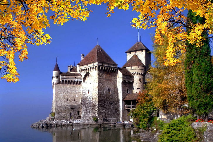 Chateau de Chillon-Montreux-Switzerland, дърво, Swinzerland, Montreux, цветове, вода, клони, тихо, Chillon, есен, замък, прекрасен, замък, Falli, HD тапет