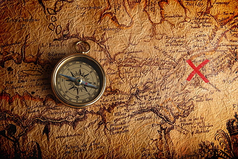 runder silberfarbener Kompass, Ort, Kompass, alte Karte, wo der Schatz ist, eine Schatzsuche, HD-Hintergrundbild HD wallpaper