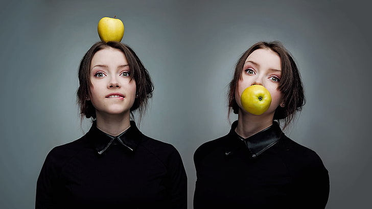 yellow apple collage, apples, women, Maria Menshikova, biting lip, short hair, looking at viewer, fruit, simple background, HD wallpaper