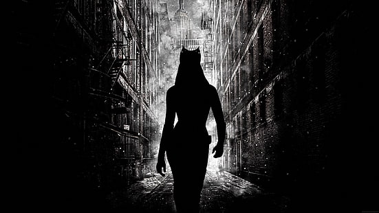 силуэт женщины, фильмы, восстание темного рыцаря, женщина-кошка, Энн Хэтэуэй, Бэтмен, Готэм-сити, силуэт, HD обои HD wallpaper