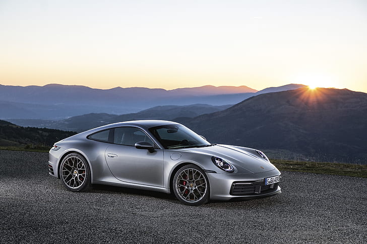 Porsche 911, sports car, car, landscape, numbers, silver cars, vehicle, sunlight, Porsche, front angle view, HD wallpaper