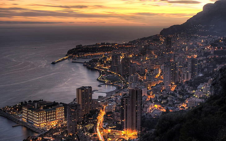Monaco, architecture, city, cityscape, clouds, highdynamicrange, monaco, photography, sky, sunset, yellow, HD wallpaper