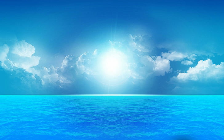 A Blue Day At Sea, picture, calm, nice, background, white, artistic, coral reefs, clear, blue, widescreen, horizon, HD wallpaper