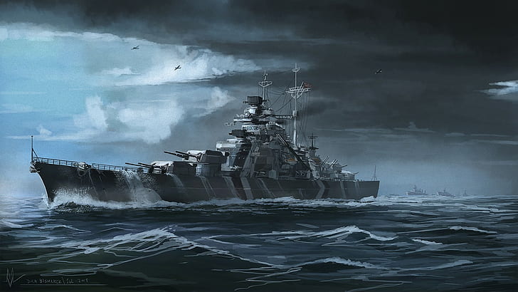 Battleship, airplane, storm, ocean battle, René Descartes, ship, fantasy art, clouds, atlantic ocean, Bismarck (ship), HD wallpaper