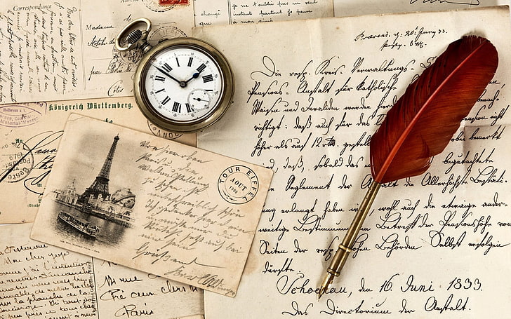 arloji saku putih dan berwarna emas, vintage, kertas bekas, pulpen, arloji, tulisan, cap, kartu pos, Wallpaper HD