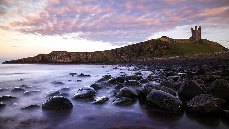 stone near body of water with view of rock cliff, dunstanburgh castle, england, dunstanburgh castle, england, by the Sea, Dunstanburgh Castle, Northumberland, England, stone, body of water, view, Dunstanburgh  castle, coast, coastal, shore, rocks, seascape, landscape, ruins, tower, sunset, long exposure, outdoors, clouds, cloudscape, sea, nature, rock - Object, beach, coastline, dusk, scenics, sky, HD wallpaper