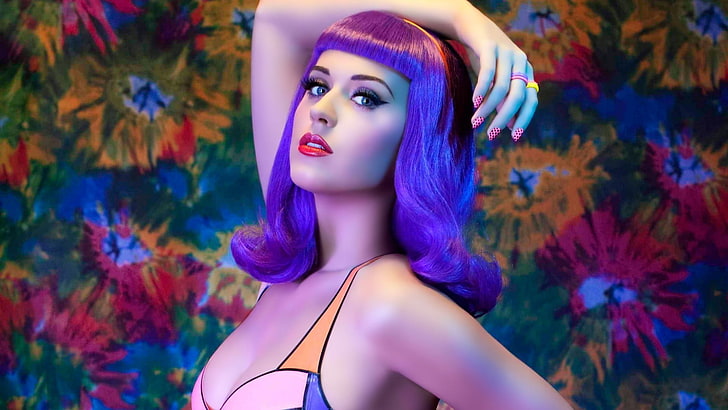 Katy Perry, makeup, painted nails, purple hair, face, portrait, women, red lipstick, celebrity, singer, HD wallpaper