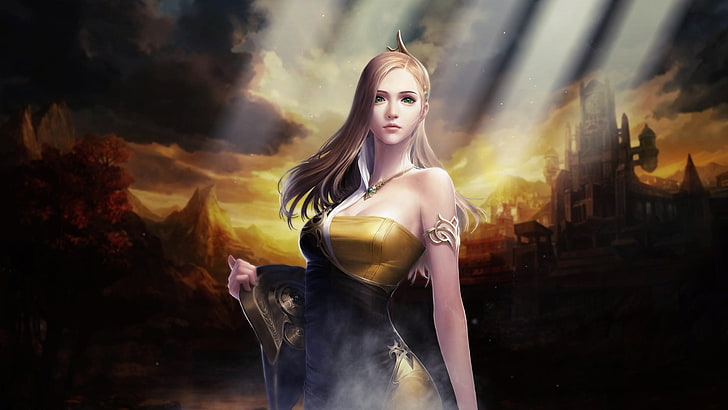 PC gaming, video games, mmorpg, cabal, Cabal II, long hair, blonde, green eyes, women, dress, castle, mountains, clouds, sun rays, necklace, HD wallpaper