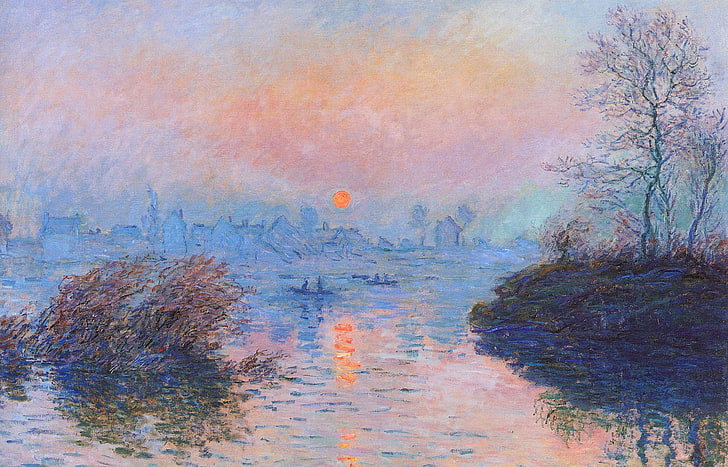 painting of body of water, landscape, picture, Claude Monet, Sunset on the Seine in Lavacore. Winter Effect, HD wallpaper