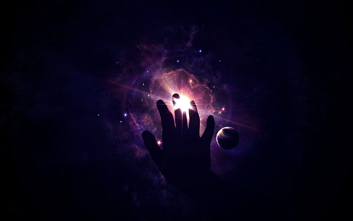 ръка на десния човек, пространство, космическо изкуство, ръце, дигитално изкуство, HD тапет