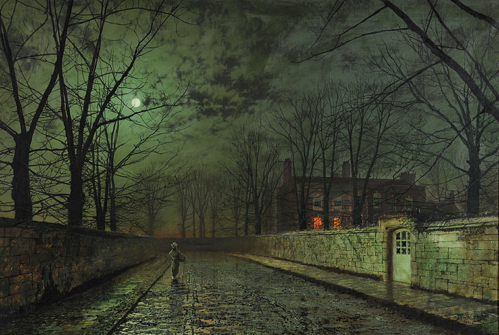 bare tress in an alley at nighttime painting, painting, John Atkinson Grimshaw, HD wallpaper