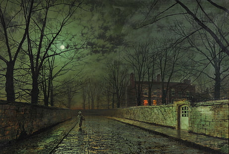 bare tress in an alley at nighttime painting, painting, John Atkinson Grimshaw, HD wallpaper HD wallpaper