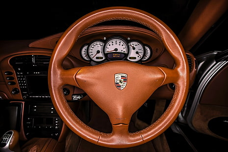 Porsche 911 Carrera, interior, brown porsche steering wheel, Porsche, interior, steering wheel, Carrera, Porsche 911 Carrera, dashboard, leather, HD wallpaper HD wallpaper