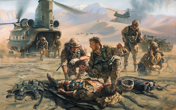 art, battles, helicopters, landscapes, military, painting, soldiers, vehicles, war, warriors, weapons, HD wallpaper