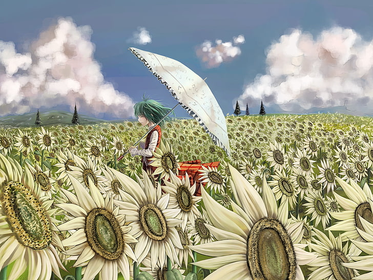 clouds, flowers, green, hair, kazami, marubororaito, short, sunflower, touhou, umbrella, yuuka, HD wallpaper
